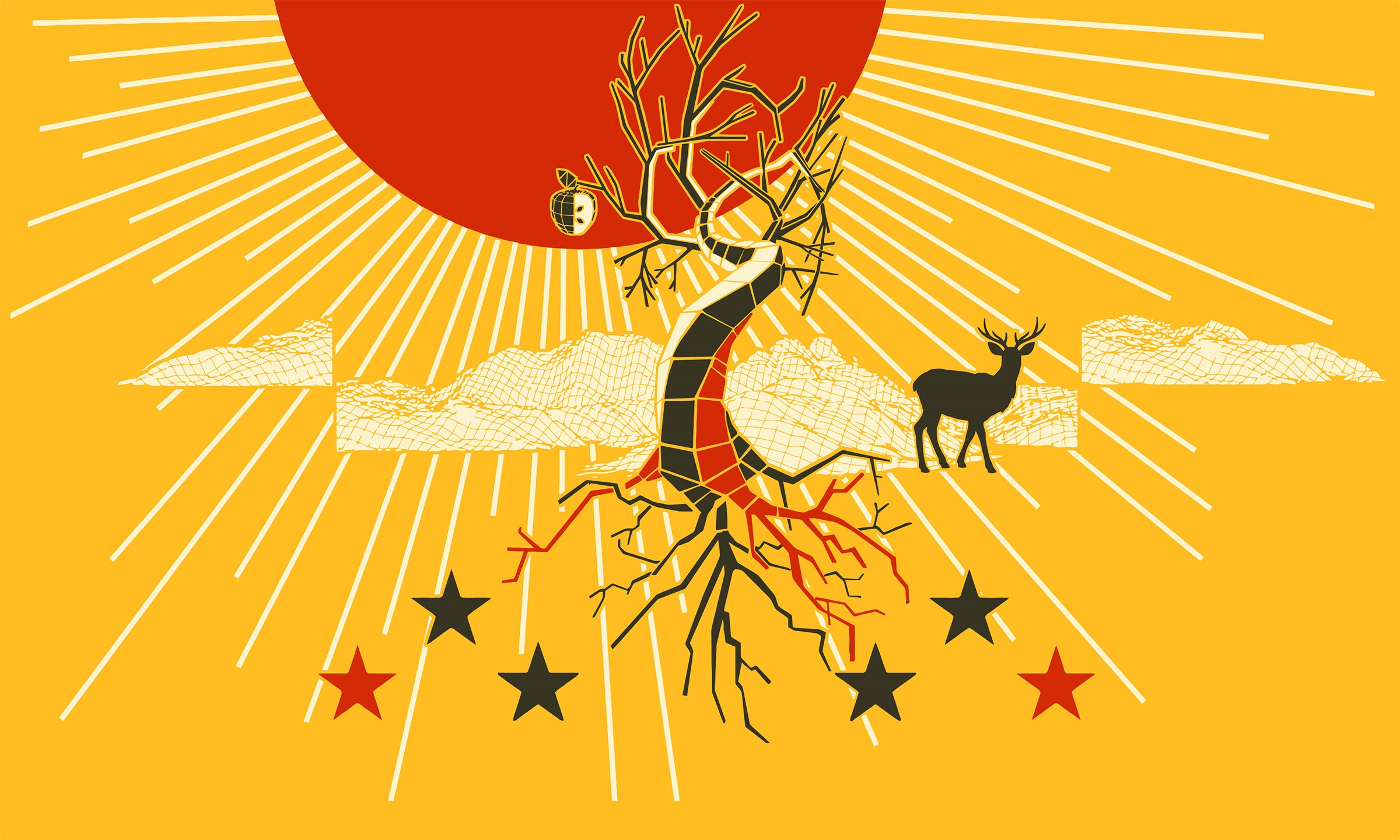A flag with a yellow background and a red sun, as well as a deer or elk-like figure near a tree in the foreground.
