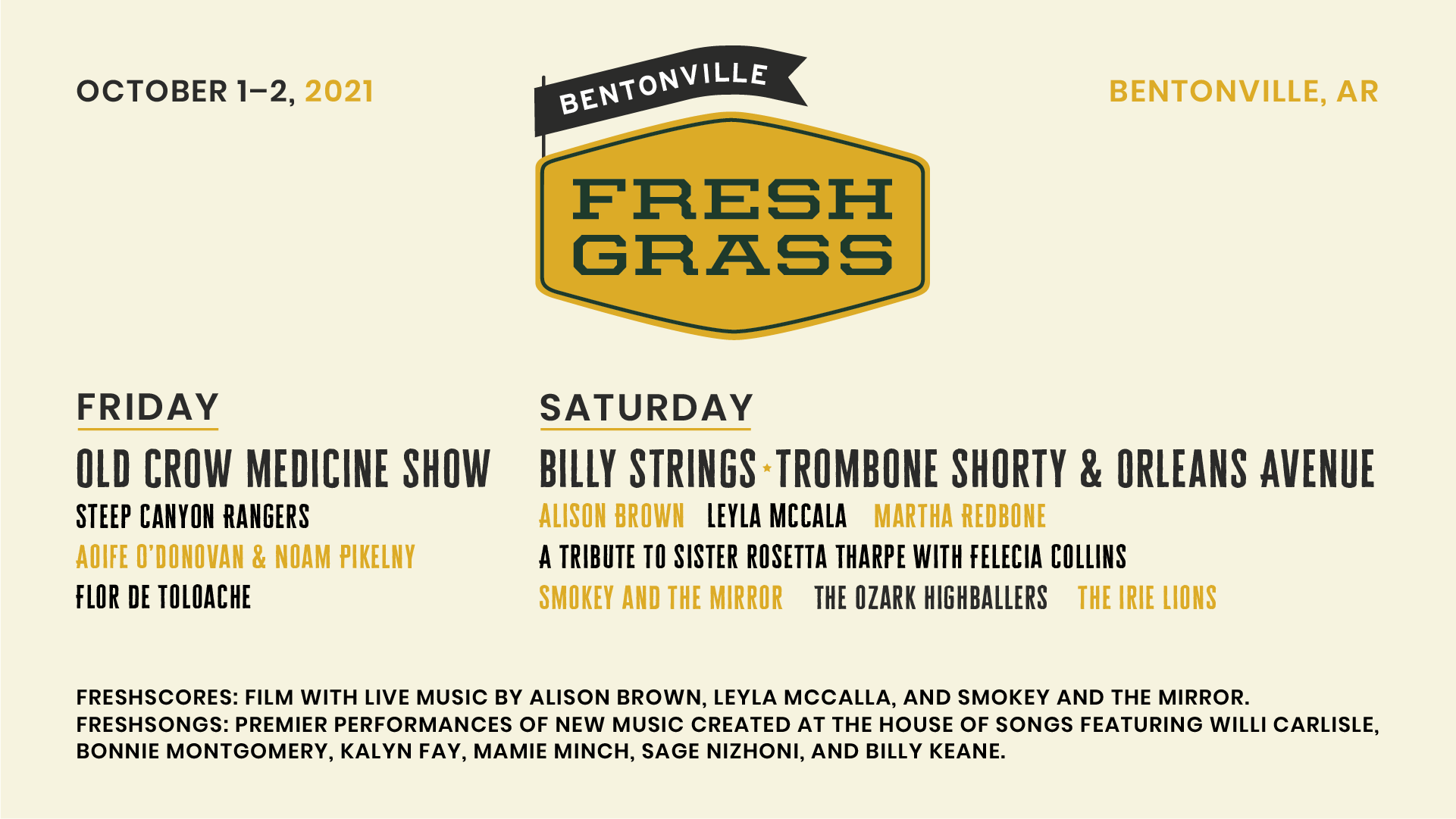 FG_MAIN_Lineup_Graphic-10 FreshGrass Bentonville 2021 Lineup: Old Crow Medicine Show, Steep Canyon Rangers, Aoife O'Donovan & Noam Pikelny, Flor De Toloache, Billy Strings, Trombone Shorty & Orleans Avenue, Alsi Brown, Leyla McCalla