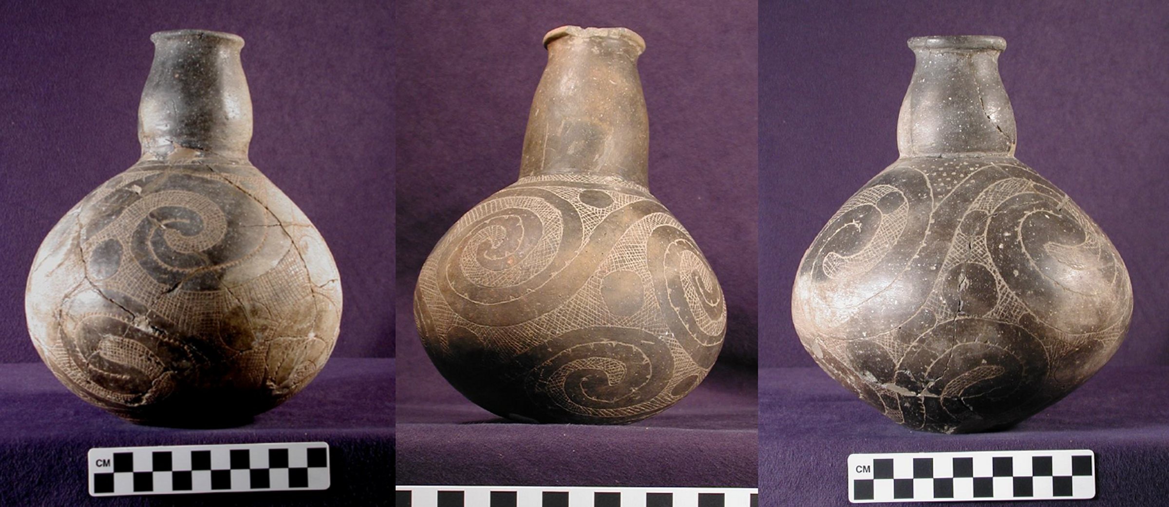 Three brown rotund pieces of pottery with thinner necks and round openings at the top all feature swirling line and circle patterns.