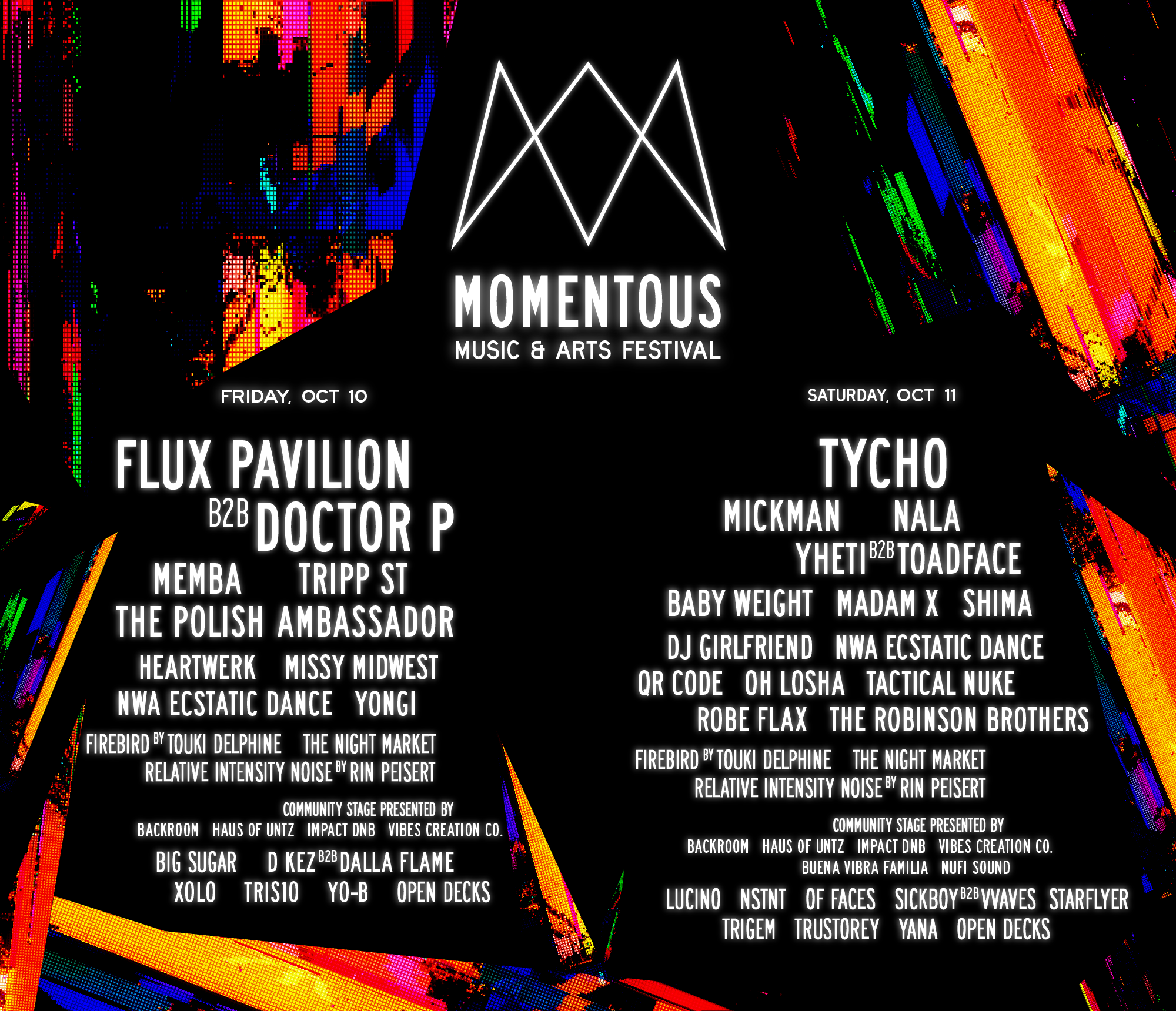 Momentous Music & Arts Festival poster listing artists for October 10 and 11 with colorful abstract background.
