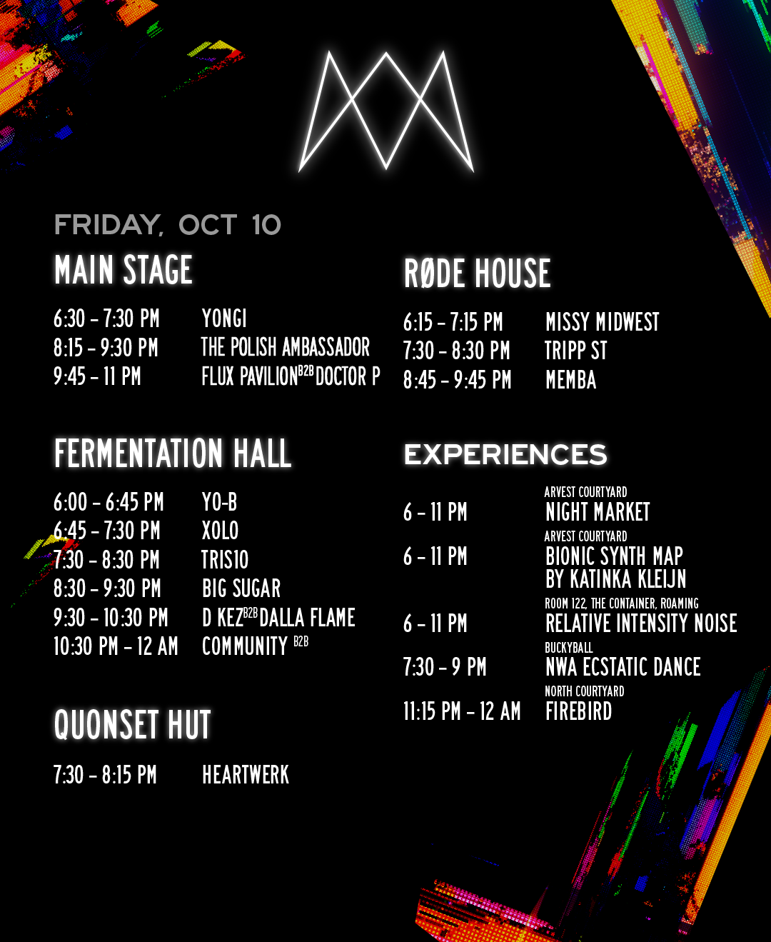 100925_Momentous_Social_Map+Schedule_4x5_2 3 Event schedule for Friday, October 10, with music performances and experiences at various venues.