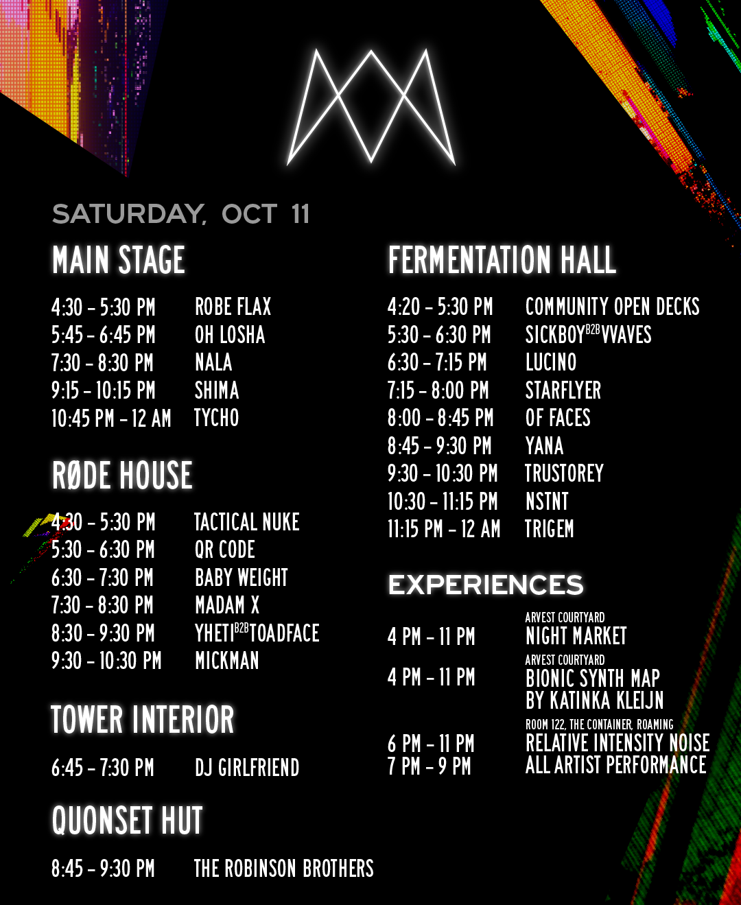 100925_Momentous_Social_Map+Schedule_4x5_3 (1) 1 Schedule of performances and experiences on Saturday, October 11 across multiple stages and halls.