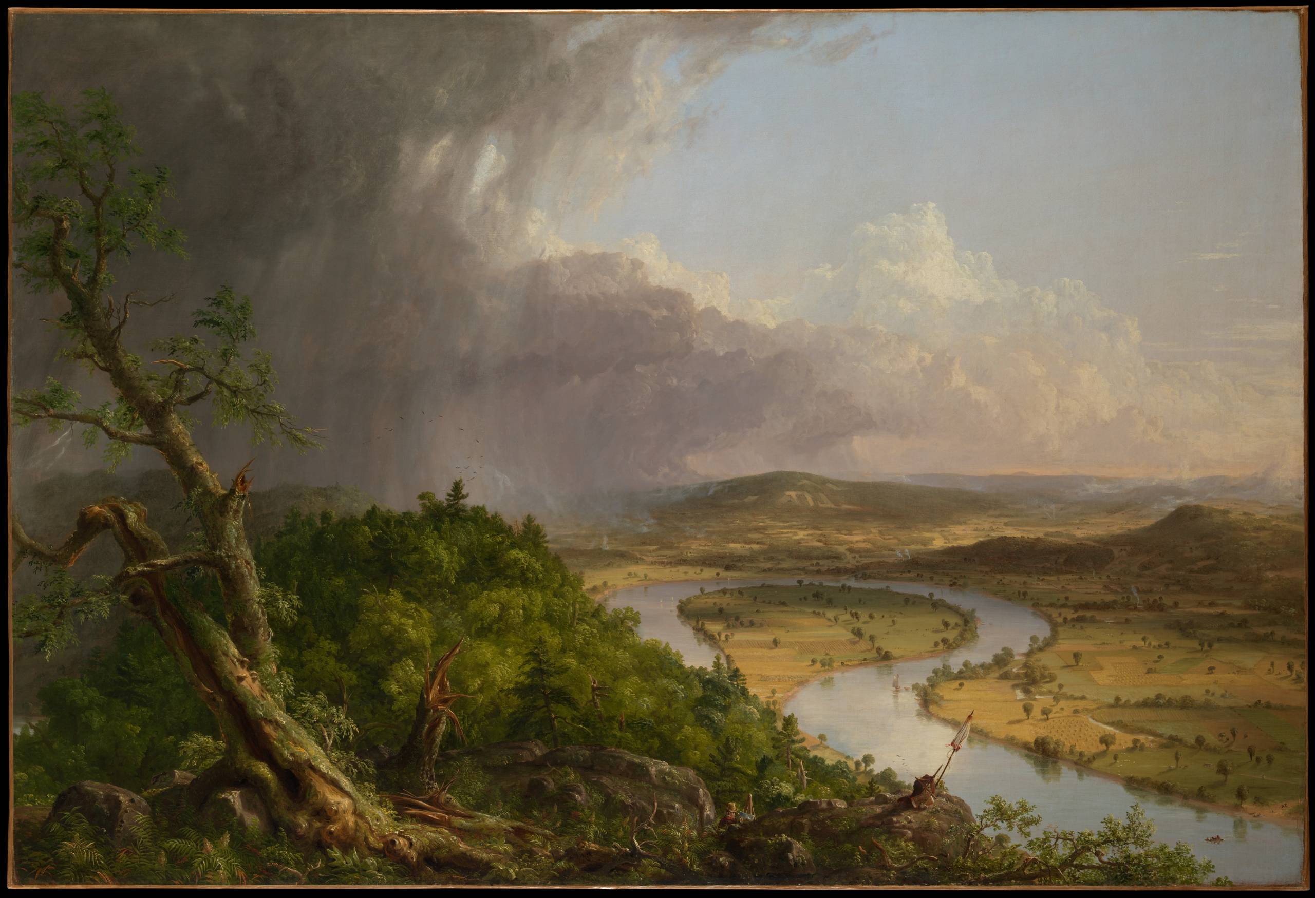 a Thomas Cole painting of a landscape after a storm foregrounded by a hill with dark clouds to the left and a river winding through plains in the background