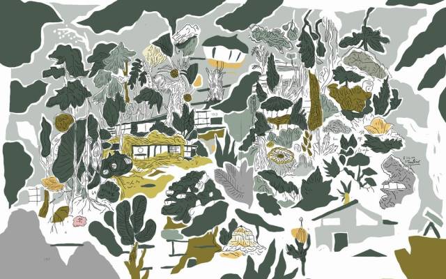 An illustration of a heavily forested neighborhood, used as one of the background illustrations in Yarn/Wire's Forest Concerts