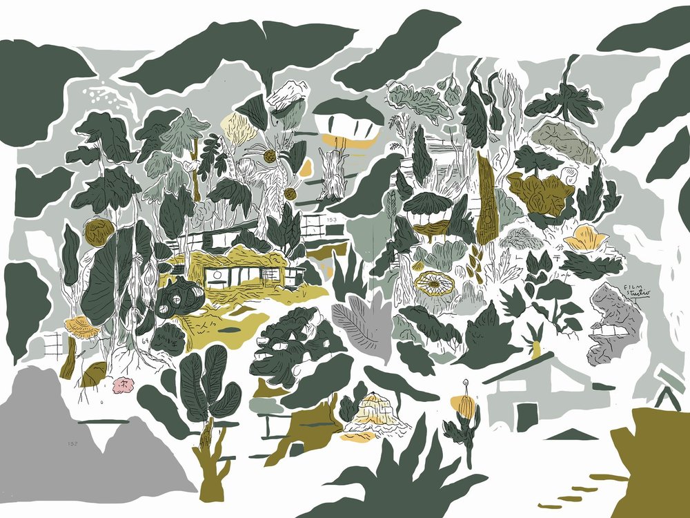 An illustration of a heavily forested neighborhood, used as one of the background illustrations in Yarn/Wire's Forest Concerts