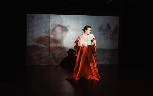 Person on stage in robe and orange skirt, abstract art backdrop with tree silhouettes.