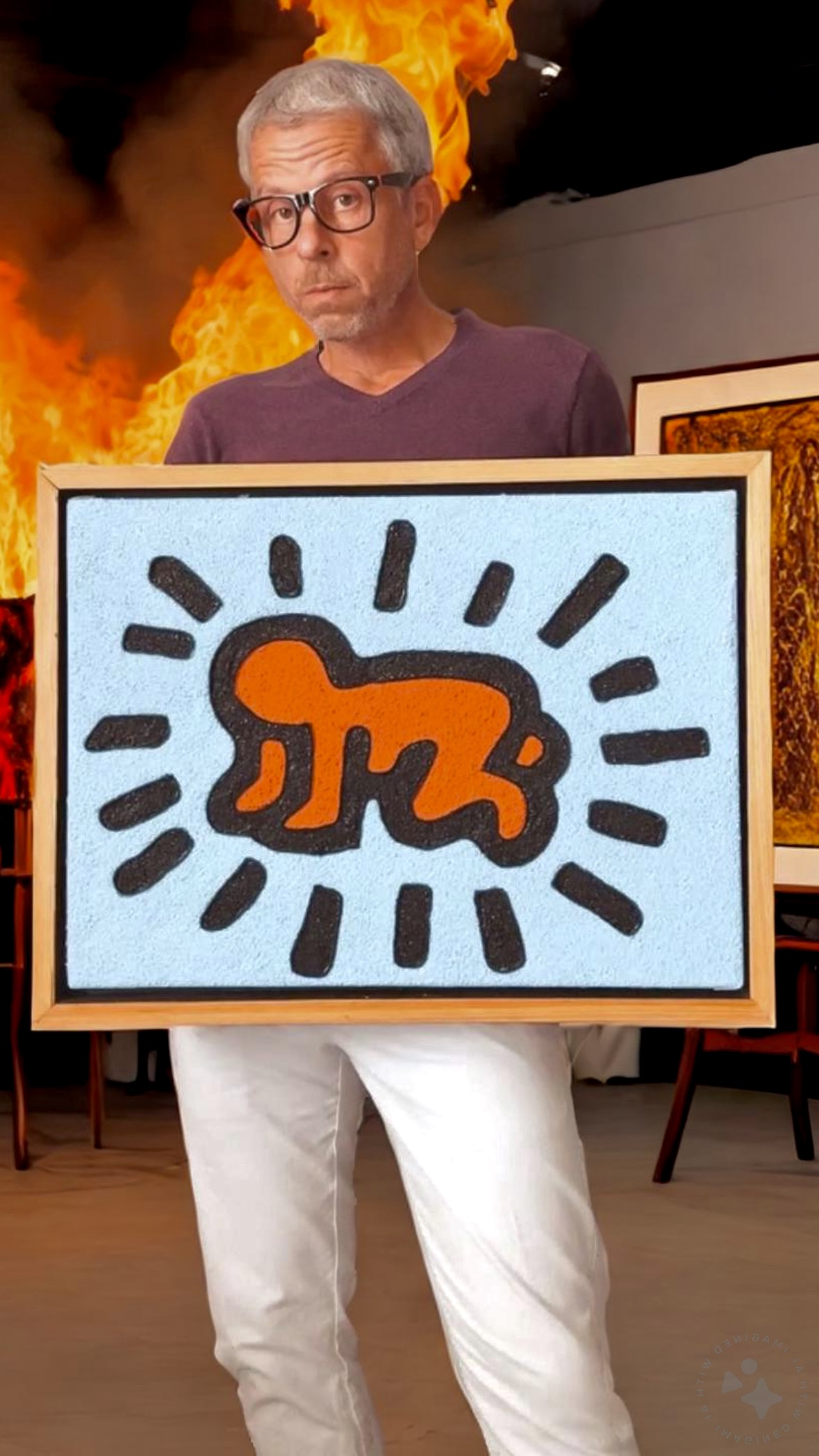 Man with gray hair holds framed artwork of orange figure, flames in background.