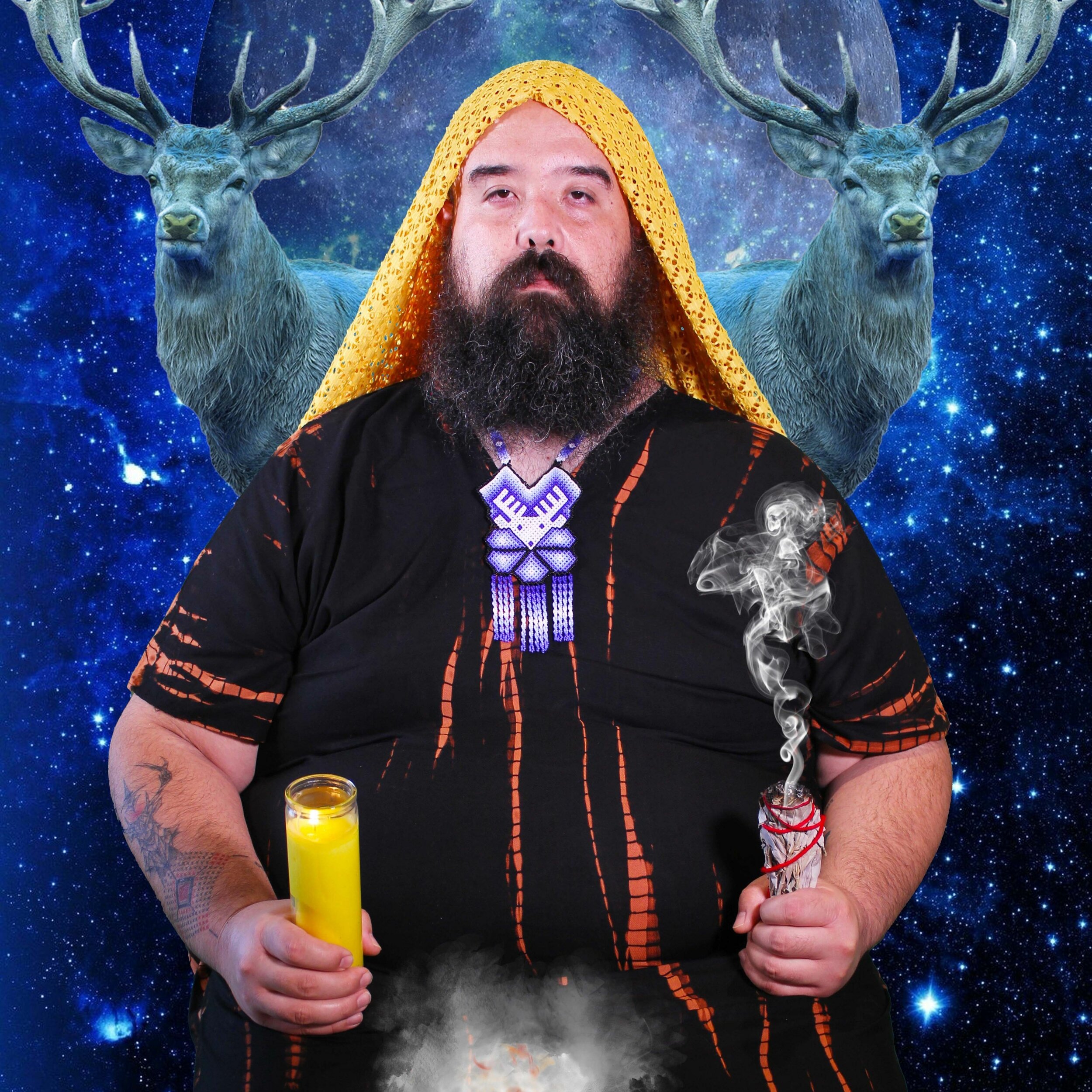 Person with beaded necklace and yellow hood holding candle and smoking herbs, starry deer backdrop.