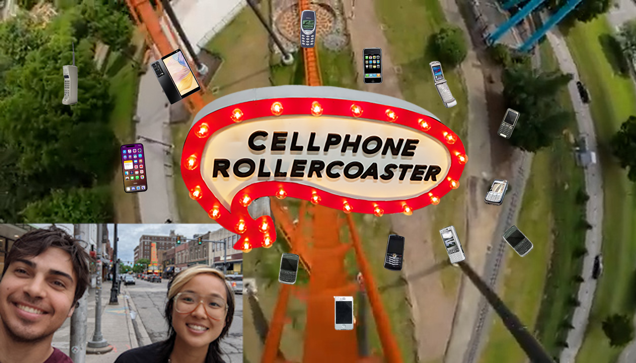 Aerial view of rollercoaster track with cellphone models around a sign reading cellphone rollercoaster.