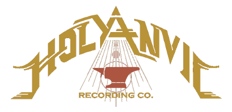Holy Anvil Logo of Holy Anvil Recording Co. with angular text and an anvil emitting rays.