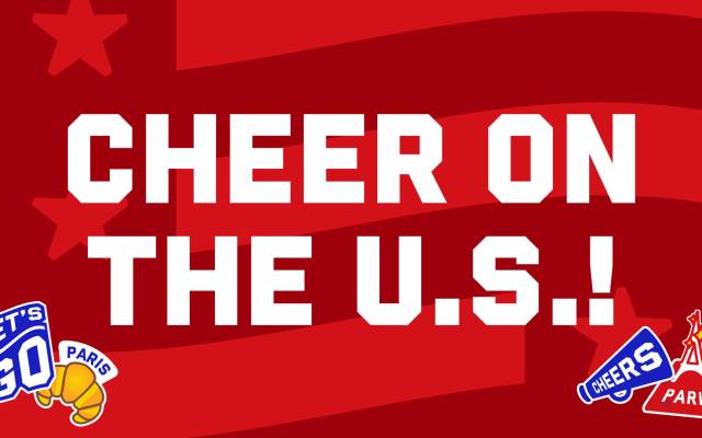 A red and white graphic with the words "Cheer on the U.S.!"