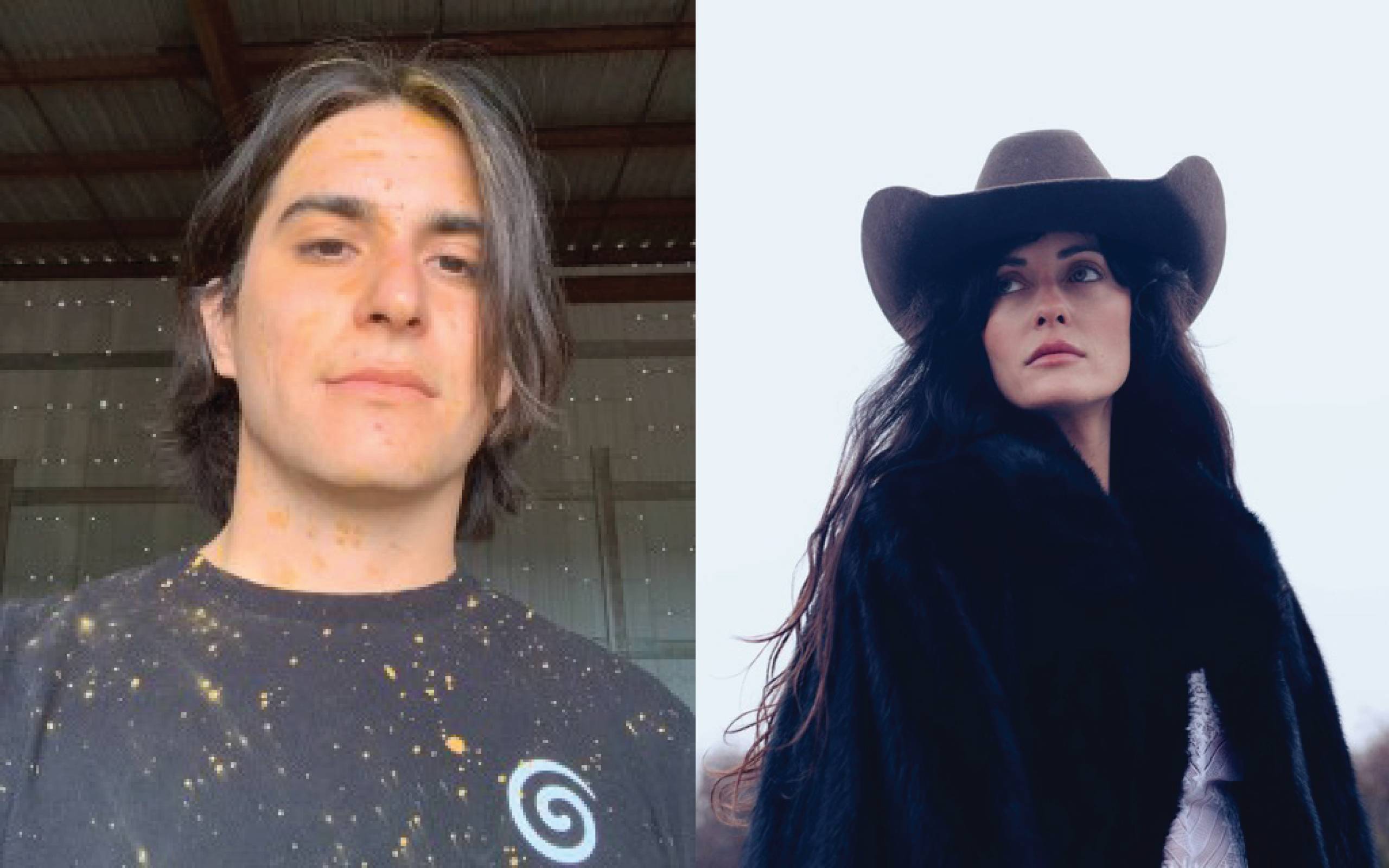 The image shows two the two artist in residence. On the left, Mekko Harjo with medium-length dark hair is wearing a black T-shirt, standing indoors. On the right, Rebekah Danae with long dark hair is outdoors, wearing a dark fur coat and a cowboy hat, with a light background.