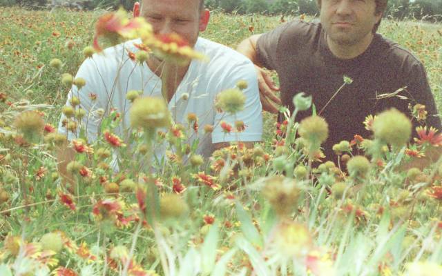 Two people sitting in a wildflower field, with greenery and distant buildings in the background.