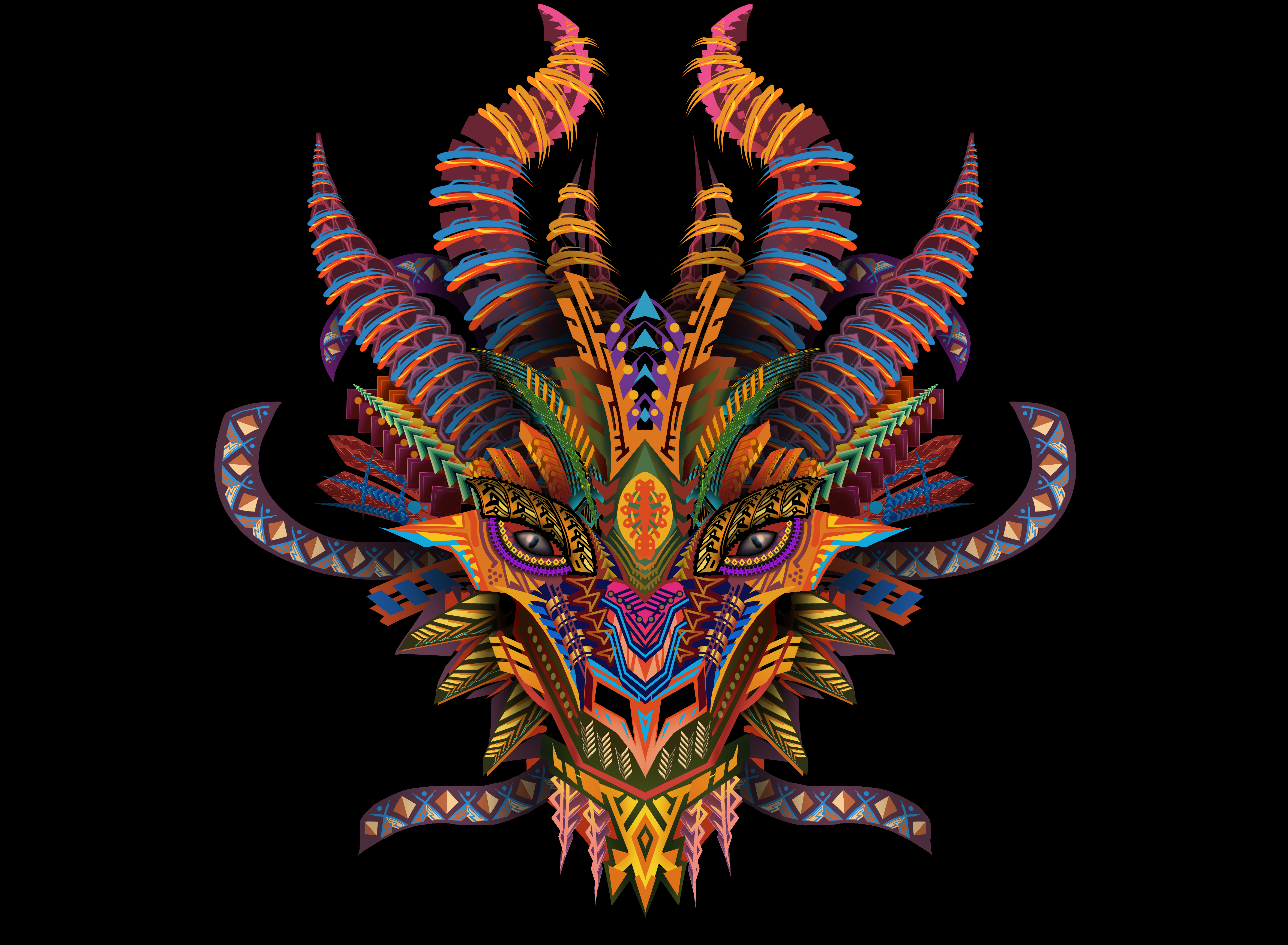 Intricate colorful mask with animal-like features and spiraled horns on a dark background.