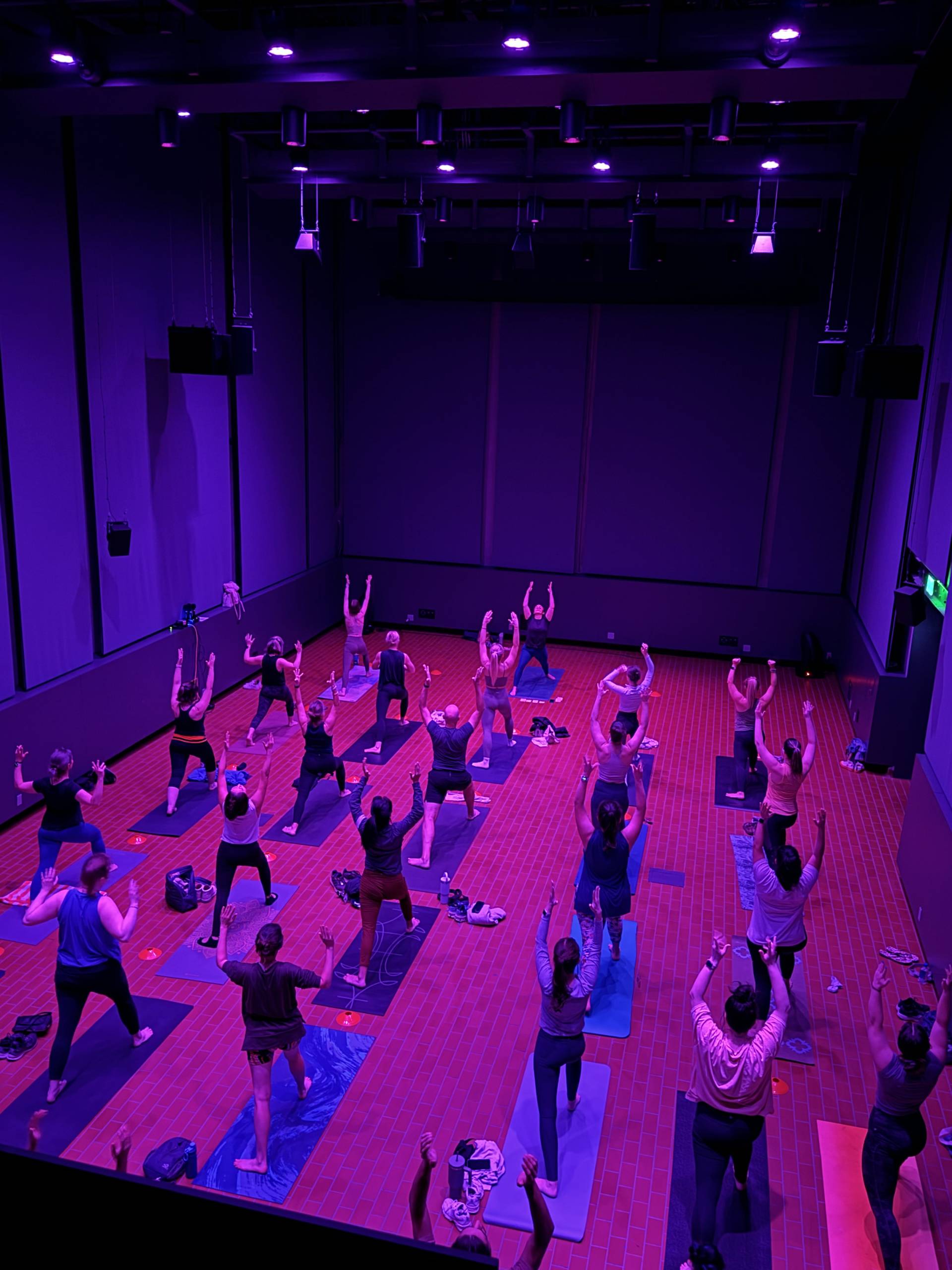 People doing yoga in a dim room with purple lighting, on mats on a red-tiled floor.