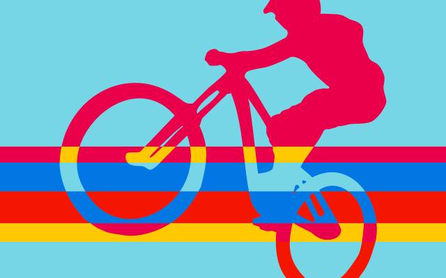 Cyclist silhouette doing a wheelie, with red, blue, yellow, teal striped background.