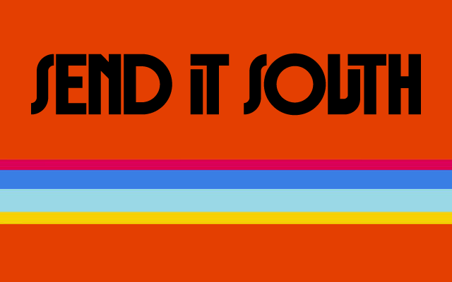 Send It South text in black on orange background with horizontal purple, blue, light blue, yellow, and orange stripes below.
