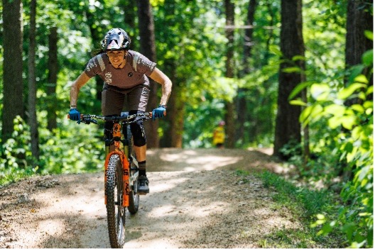 Cyclist in helmet and gear rides mountain bike on forest dirt trail.