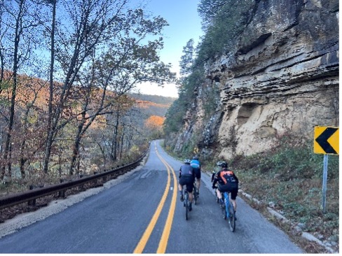 Cyclists on scenic road flanked by cliffs and trees, curve warning sign ahead