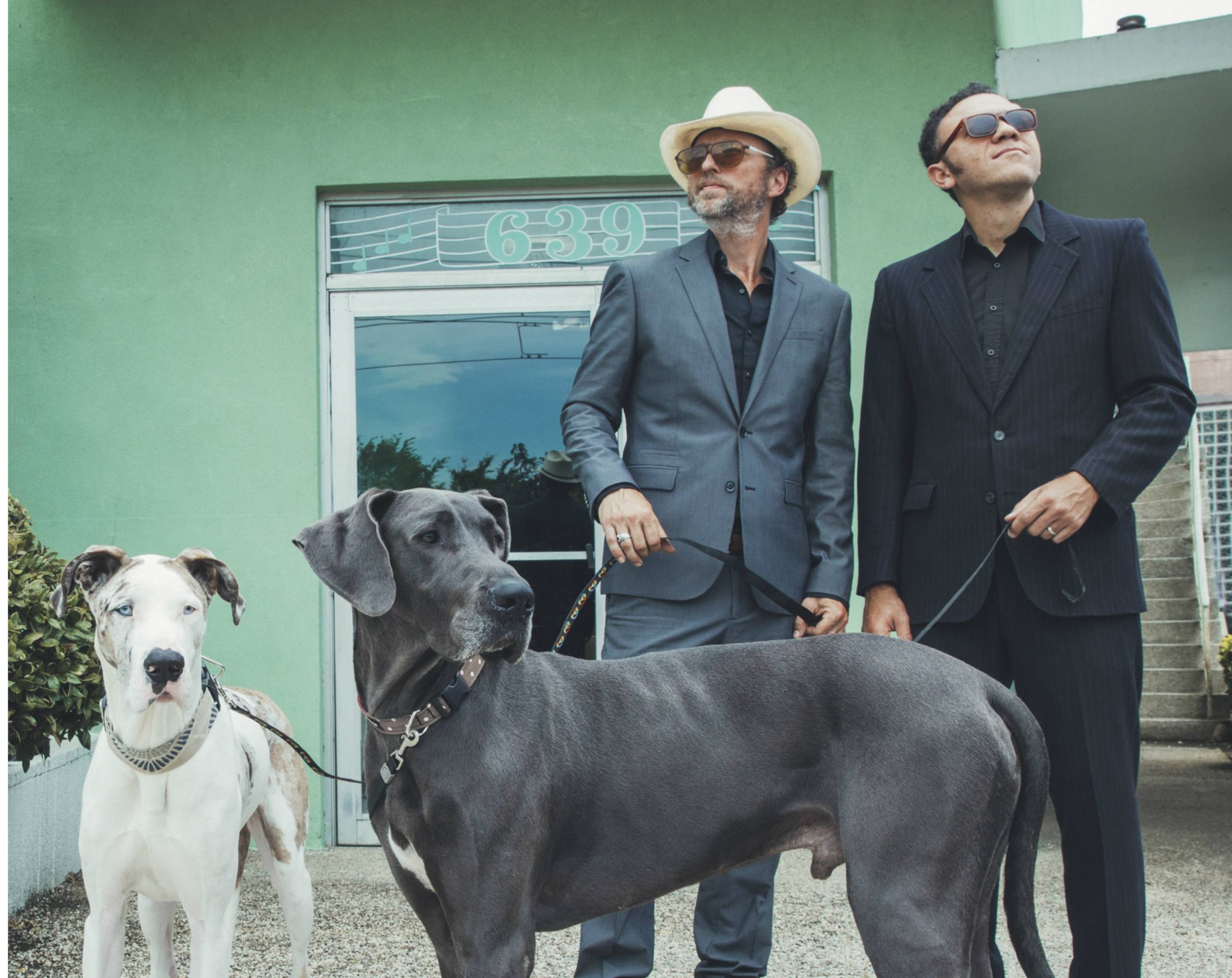 Two men in suits with Great Danes outside a green building, numbered 639.