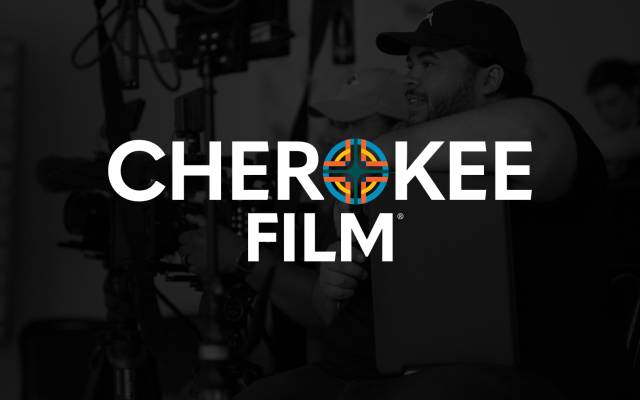 Monochrome background, person with film equipment; "Cherokee Film" in bold with colorful emblem.