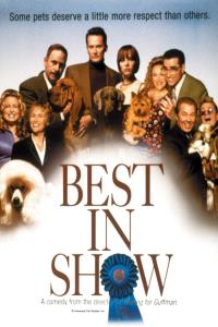 Group of people and dogs with "Best in Show" title, themed around a dog show competition.