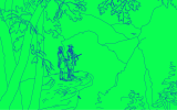 Two figures in historical attire stand on a rocky ledge overlooking a canyon, surrounded by trees.