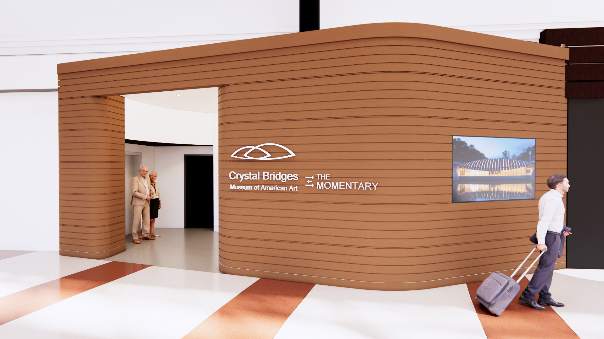 Rendering of the entrance to the Crystal Bridges and the Momentary Satellite Gallery at XNA Courtesy Hight Jackson Modern curved structure with signage for Crystal Bridges and The Momentary; people at entrance.