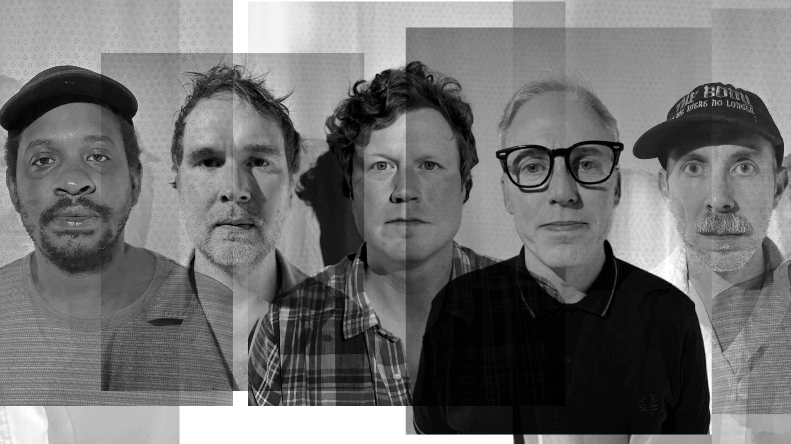 OrOrOr Black and white collage of five men in various clothing creating an abstract visual effect.