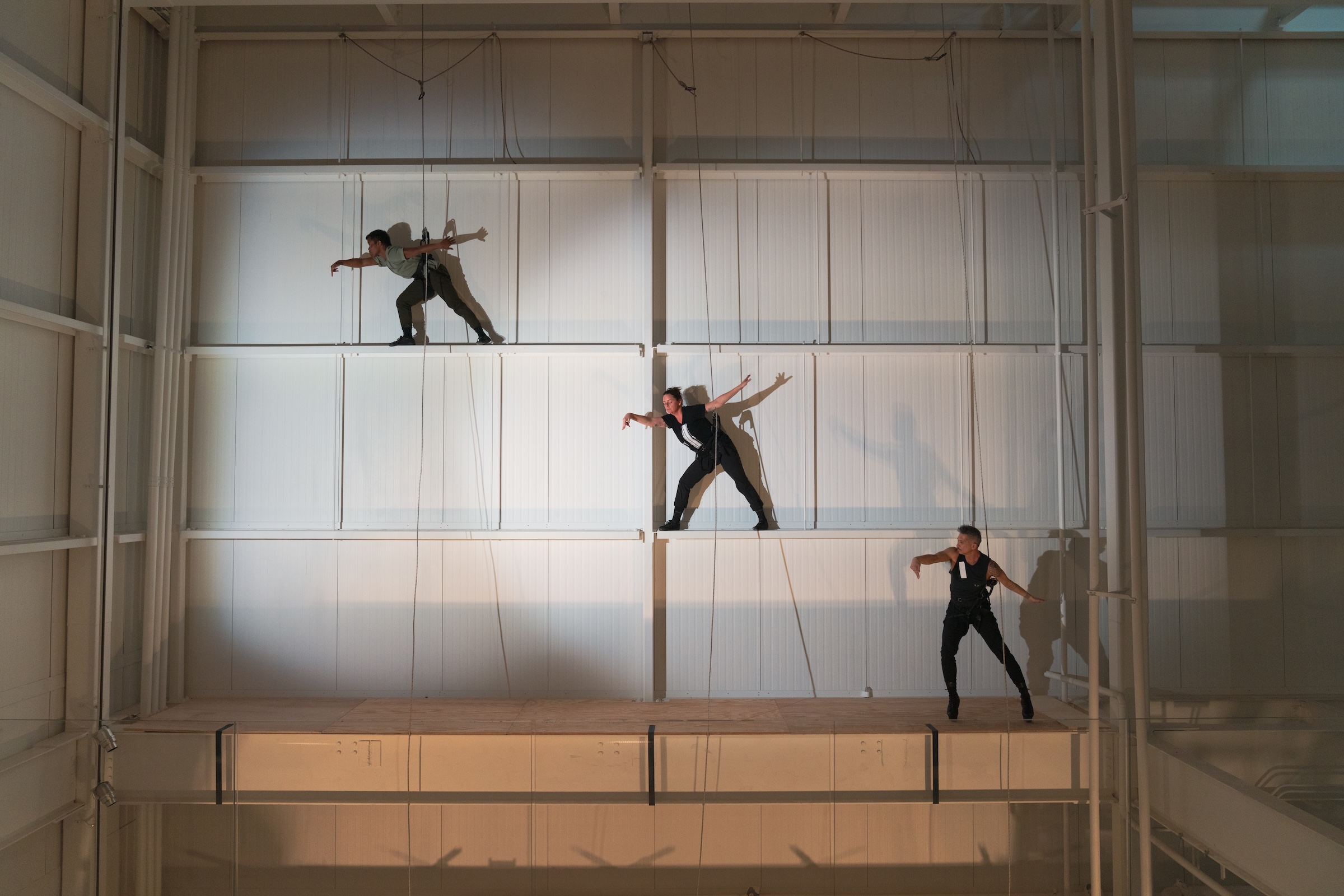 Bandaloop FLOCK Rehersal Performers suspended on wall with harnesses in well-lit indoor space, creating dynamic poses.
