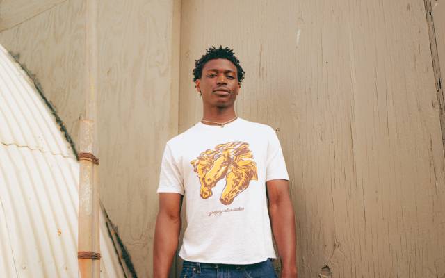 Person in white horse graphic T-shirt and jeans holding a small stringed instrument outdoors.