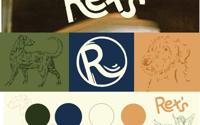 Rex's restaurant branding with dog and angel illustrations in green, blue, cream, and orange.