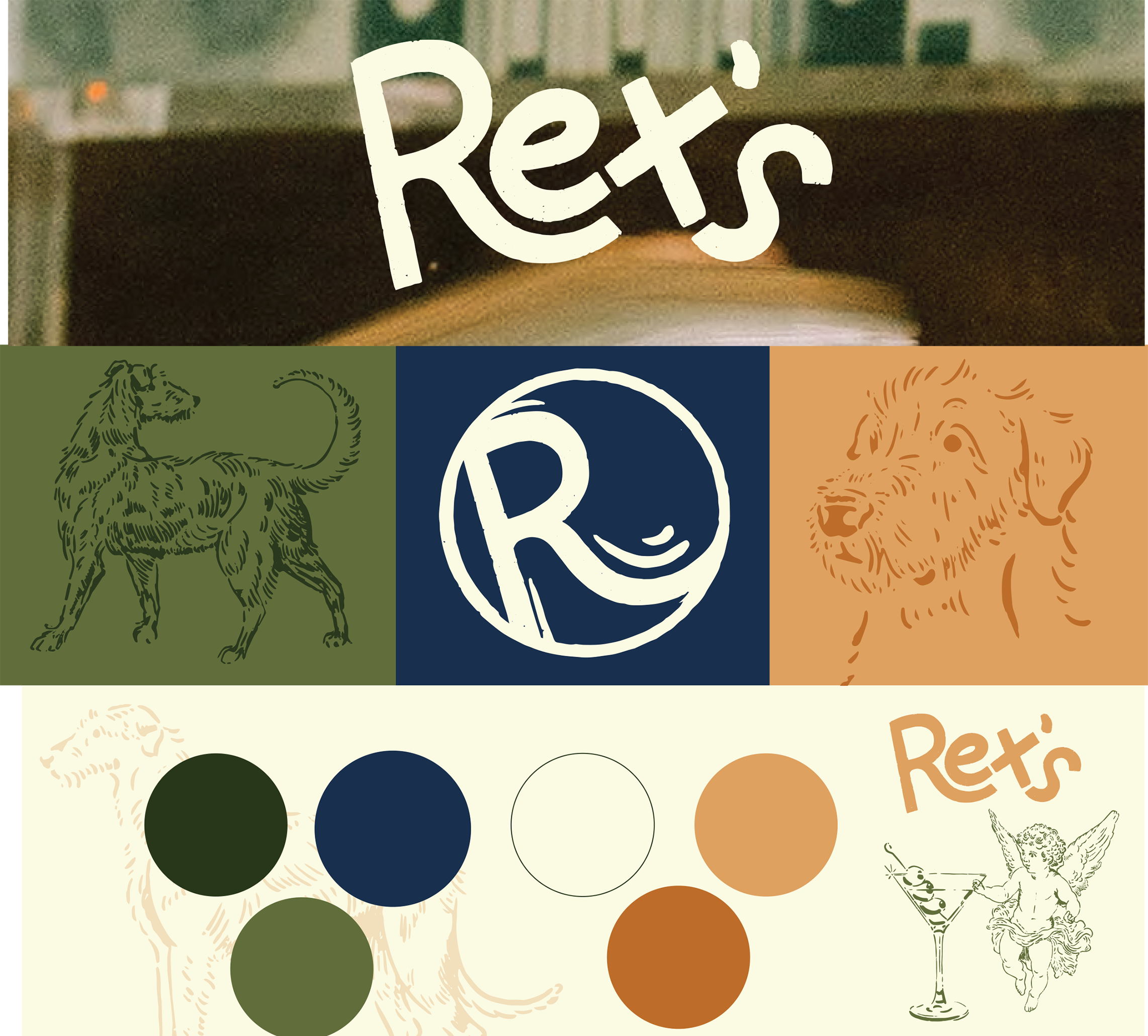 Rex's Branding-Image Rex's restaurant branding with dog and angel illustrations in green, blue, cream, and orange.