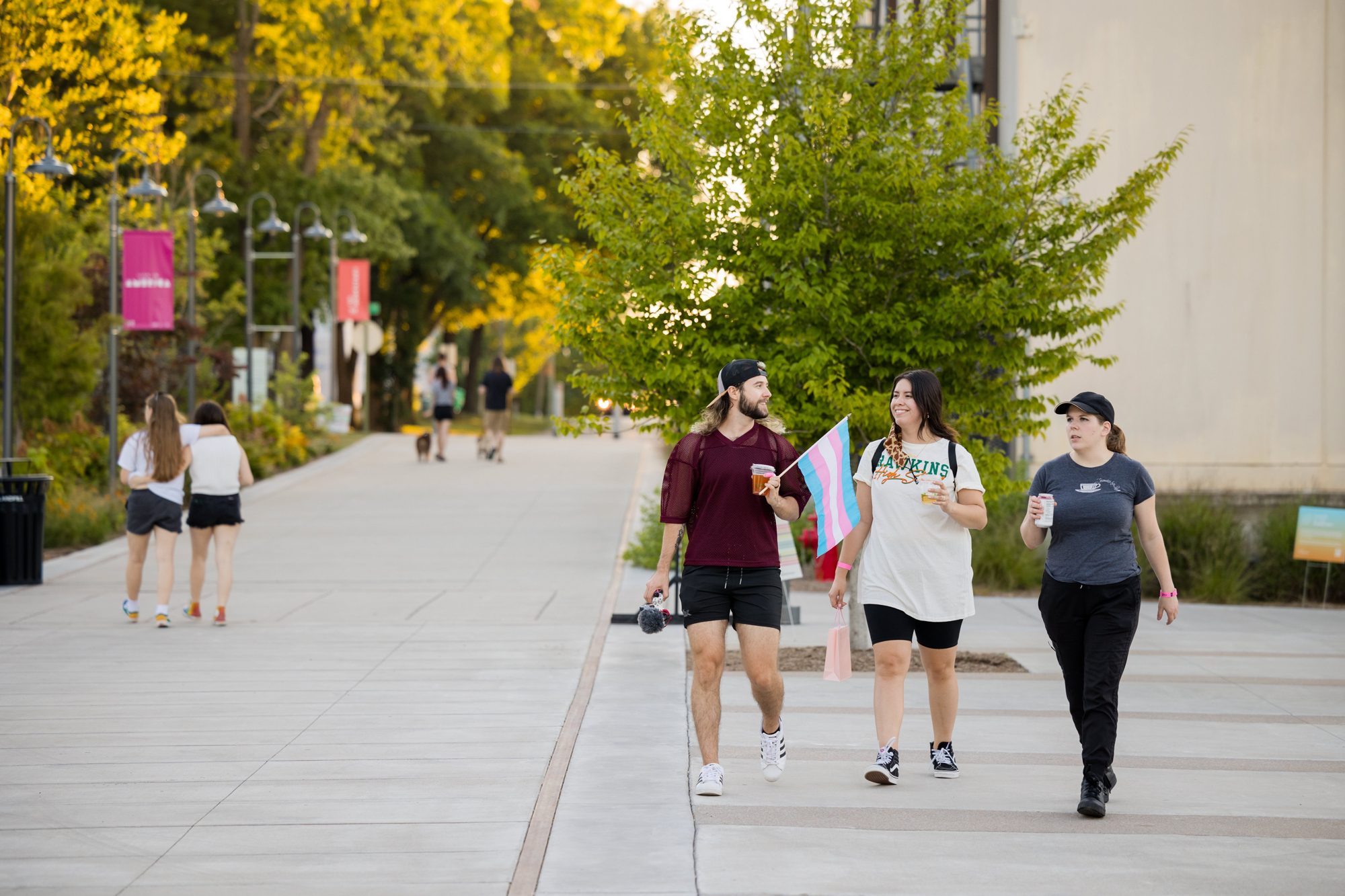 Photo by Stephen Ironside People walking on a sunny path with trees, one holding a blue, pink, and white striped flag.