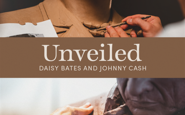 Clay sculptures of Daisy Bates and Johnny Cash being crafted.