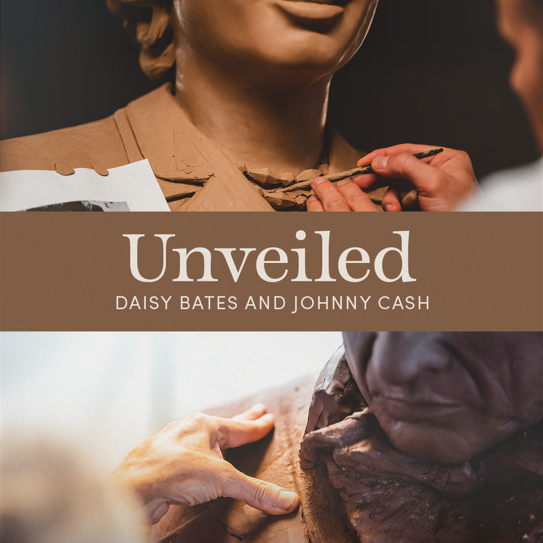 Unveiled_Square_1080X1080 Clay sculptures of Daisy Bates and Johnny Cash being crafted.