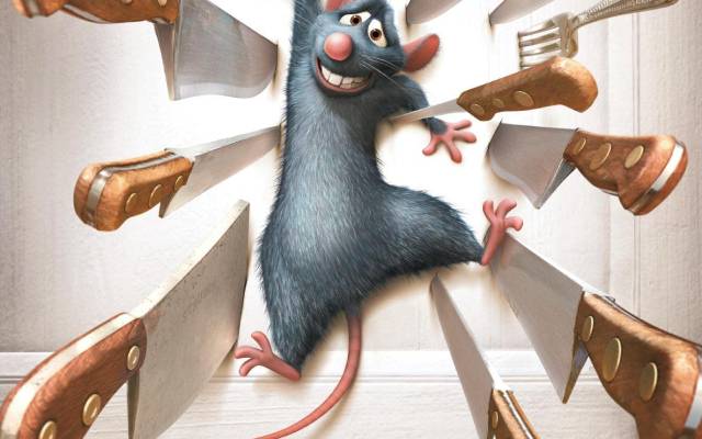 Animated rat surrounded by knives and forks reaching for cheese with Ratatouille logo.
