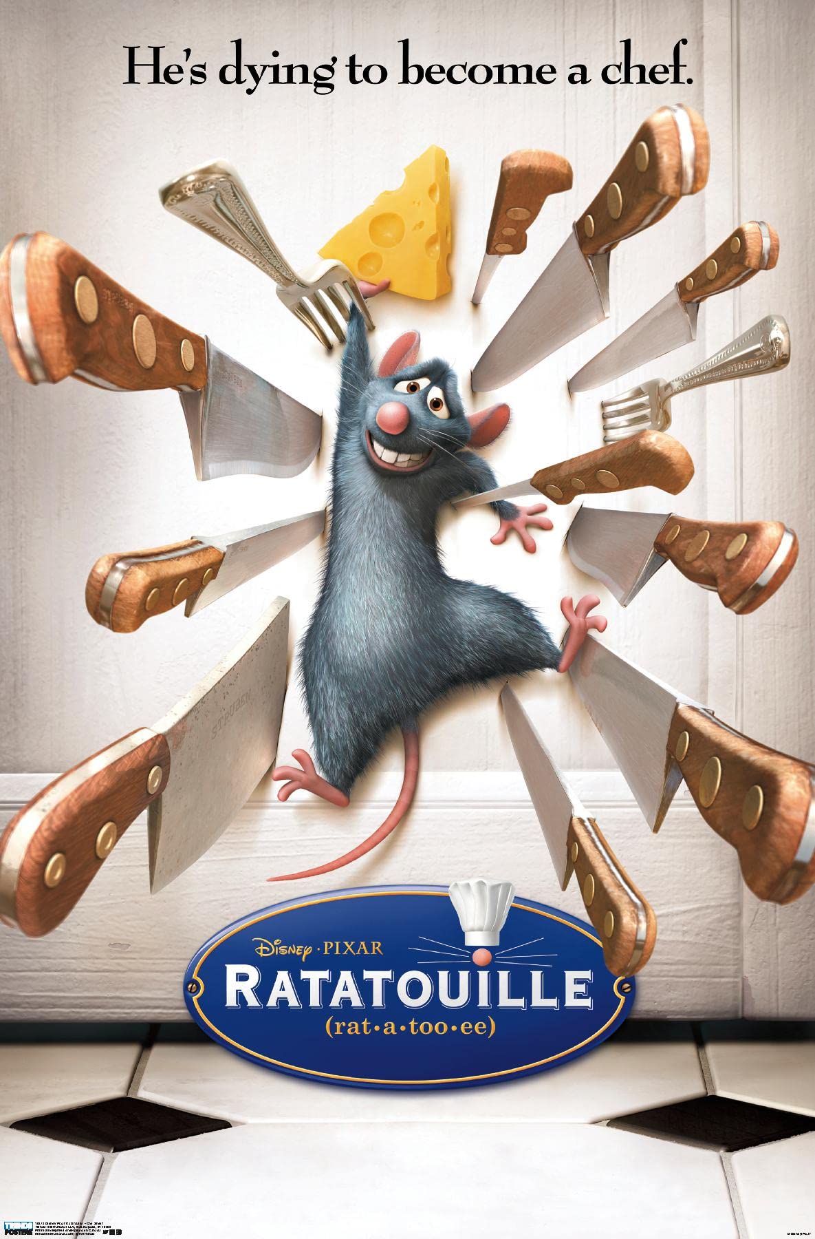 Ratatouille poster Animated rat surrounded by knives and forks reaching for cheese with Ratatouille logo.