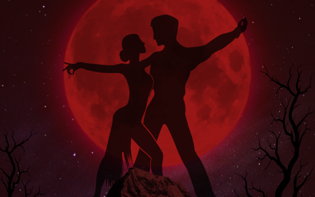 Silhouettes of a dancing couple on a rocky peak with a red moon, bats, leafless trees, and a glowing-eyed animal.