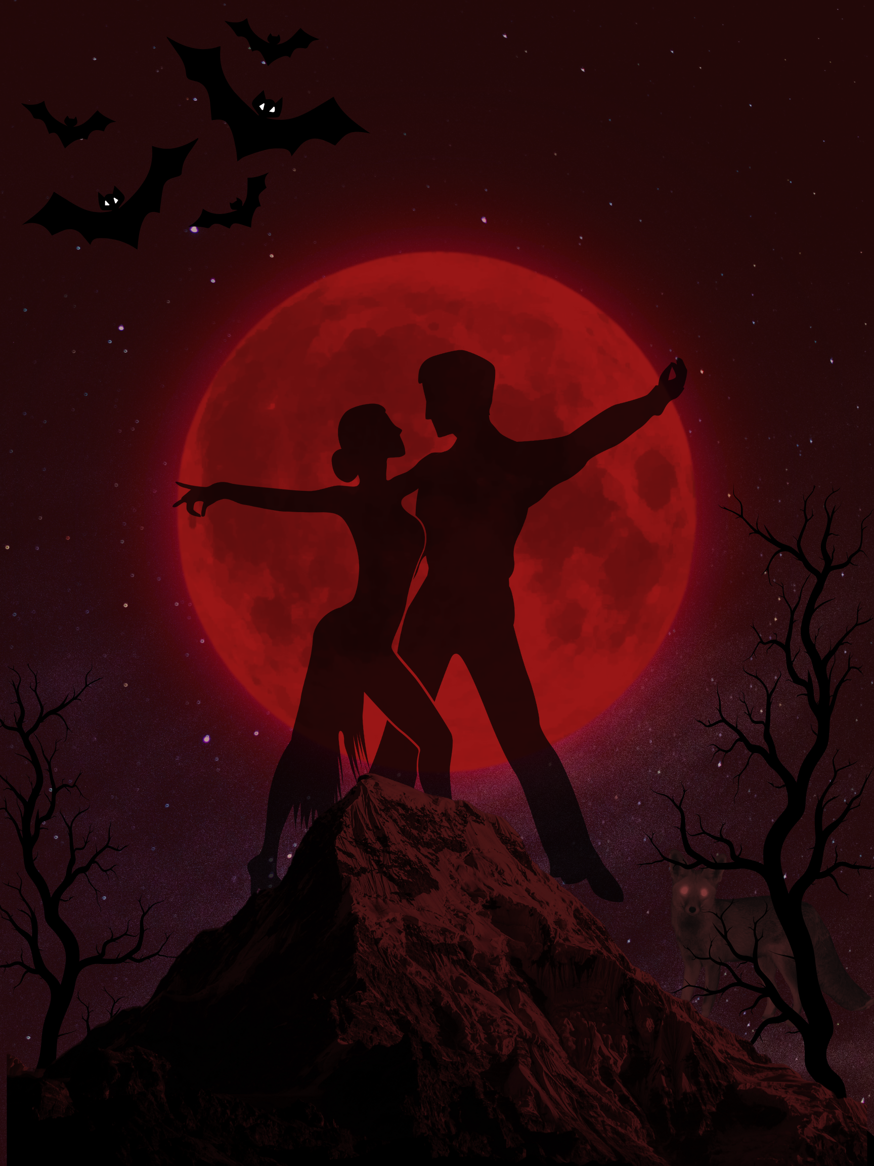 Silhouettes of a dancing couple on a rocky peak with a red moon, bats, leafless trees, and a glowing-eyed animal.