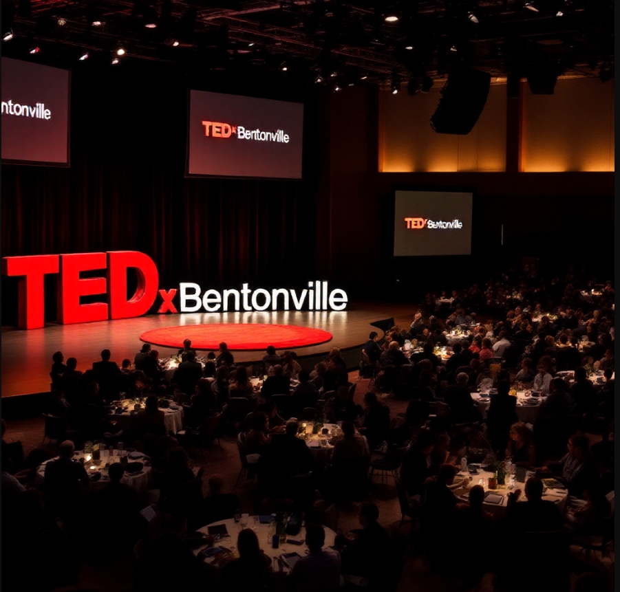 TEDxBentonville TEDxBentonville event with audience seated at round tables facing stage and screens.