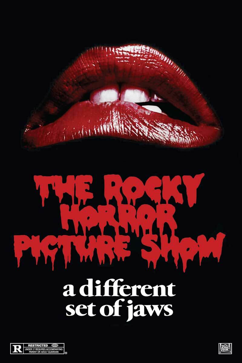 Glossy red lips biting lower lip above the title The Rocky Horror Picture Show with tagline and rating.