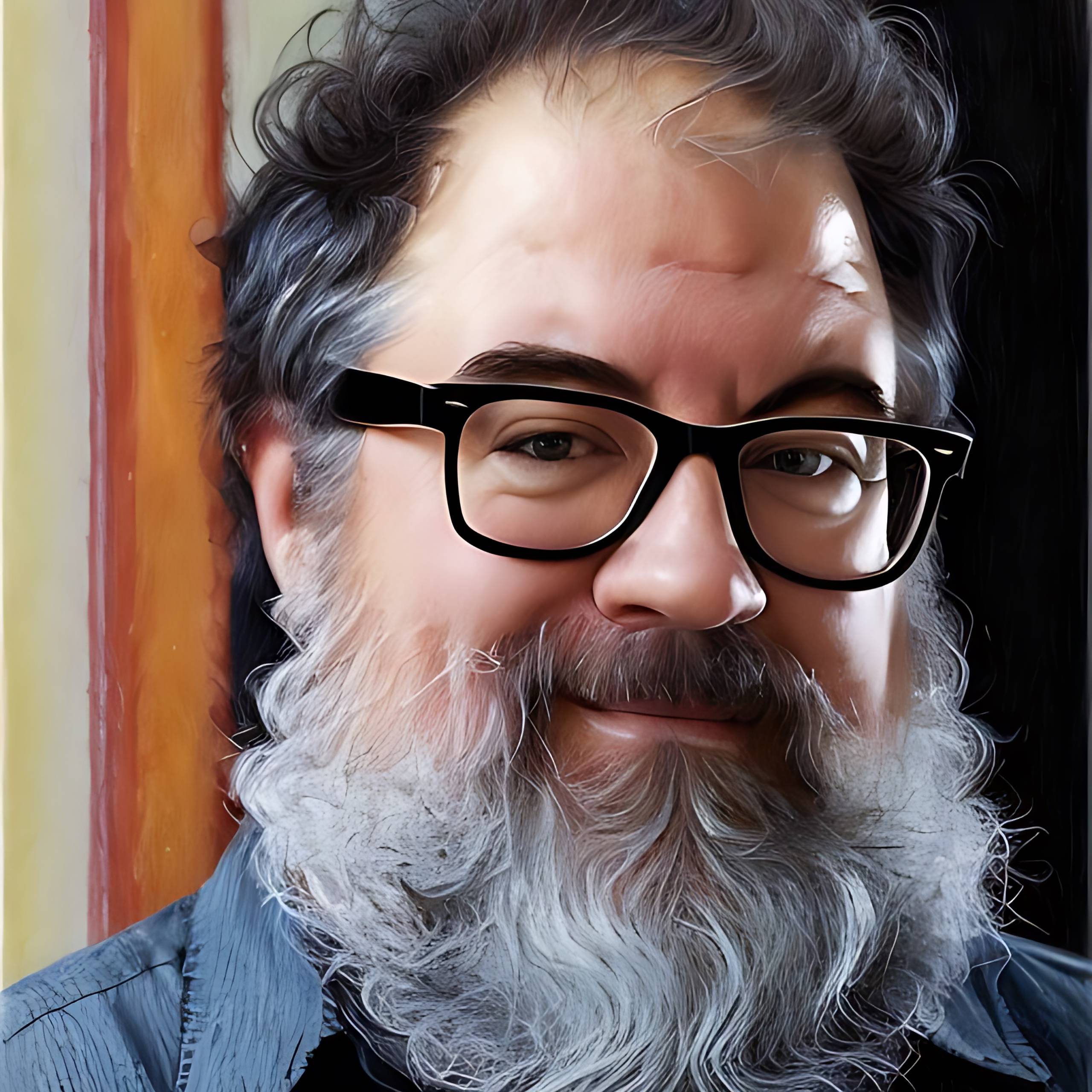 Middle-aged man with gray beard and glasses wearing a blue shirt against wooden background.