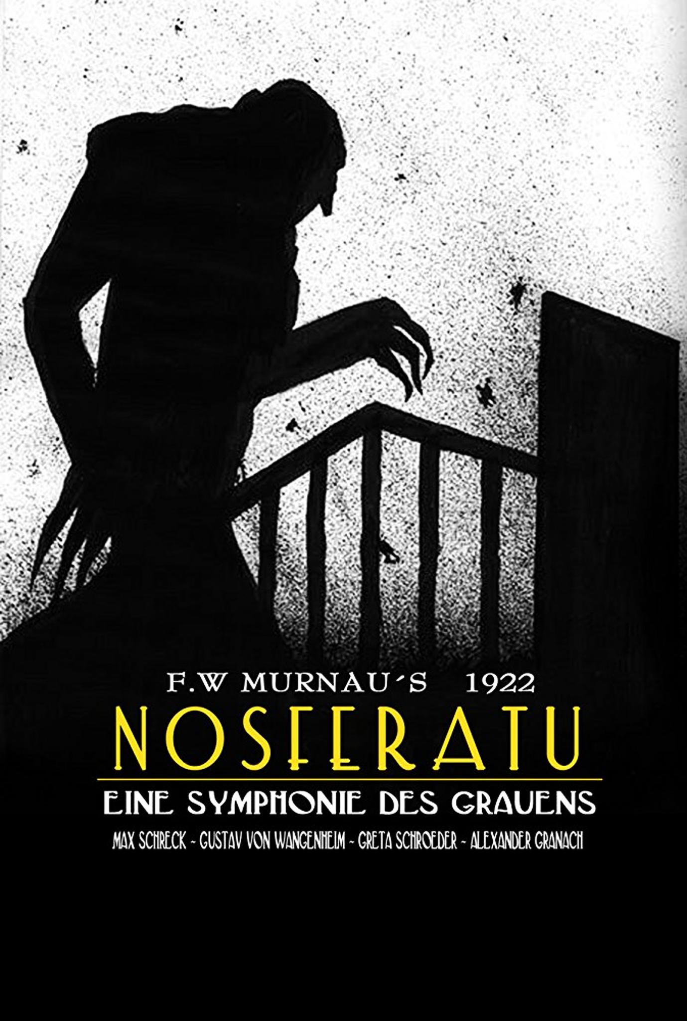 Black and white 1922 Nosferatu film poster showing shadowy figure with long fingers on stairs.
