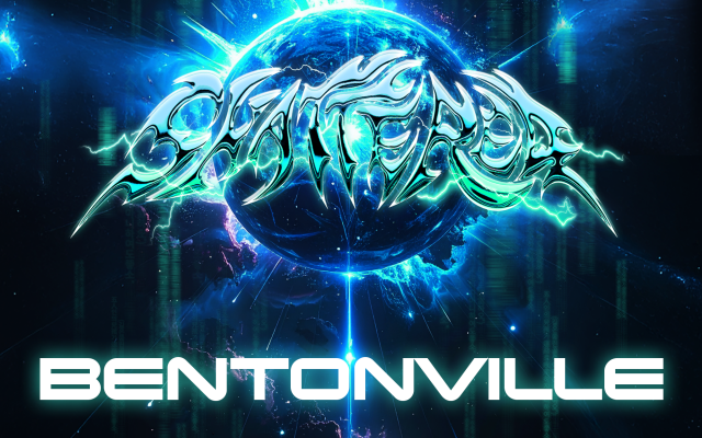 Digital poster for 1VERSE US TOUR 2025 featuring Bentonville with a glowing blue planet and electric effects.