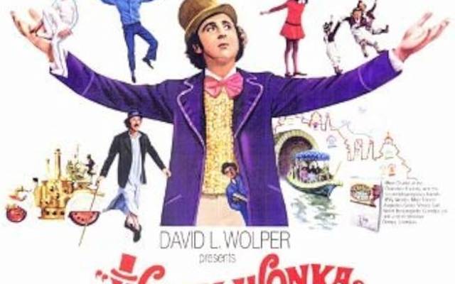 Willy Wonka movie poster with character in purple coat, children, and chocolate factory illustrations.