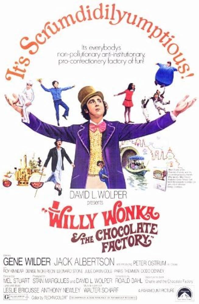Willy Wonka movie poster with character in purple coat, children, and chocolate factory illustrations.