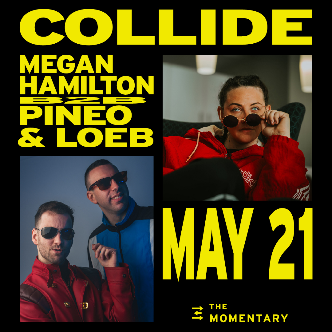 Event poster with photos of three people in sunglasses and bold yellow text on black background.