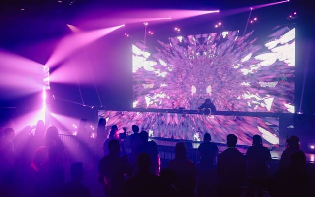 Crowd watching DJ with pink and purple butterfly visuals on LED screens and vibrant stage lighting.