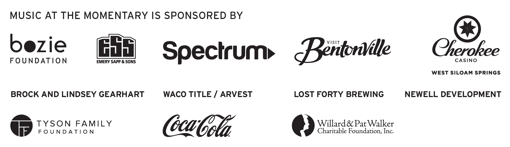 Banner of sponsor logos including Bozie Foundation, Emory Sapp & Sons, Spectrum, Bentronville, Cherokee Casino, Brock and Lindsey Gearhart, Waco Title/Arvest, Lost Forty, Newell Development, Tyson Family